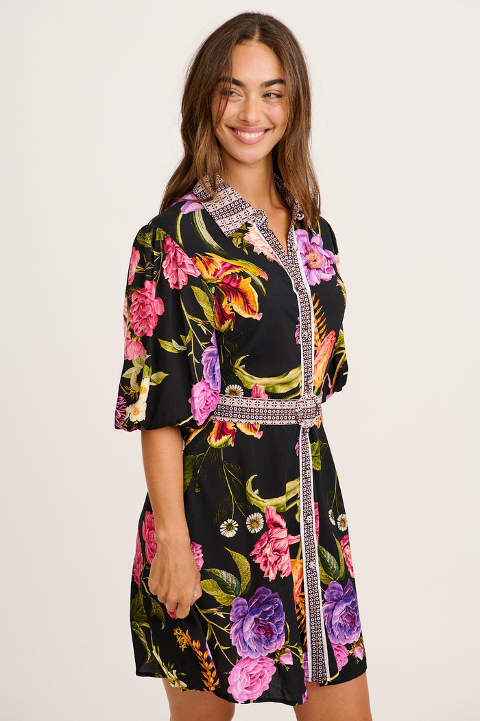 Dusk Soiree Shirt Dress in Black with Multi Floral front