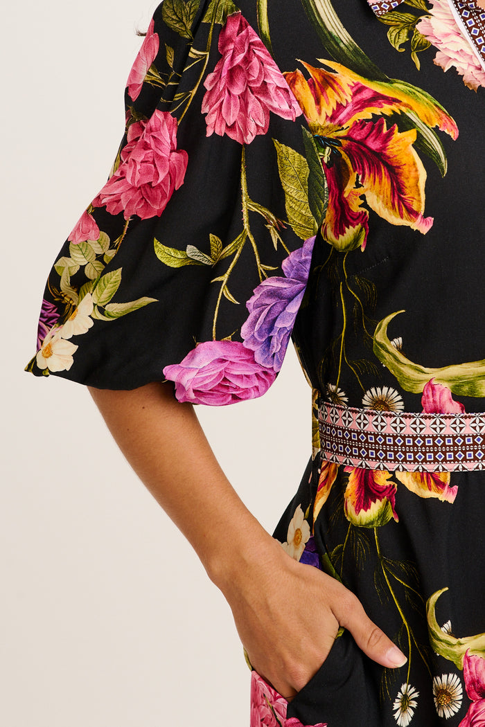 Dusk Soiree Shirt Dress in Black with Multi Floral detail