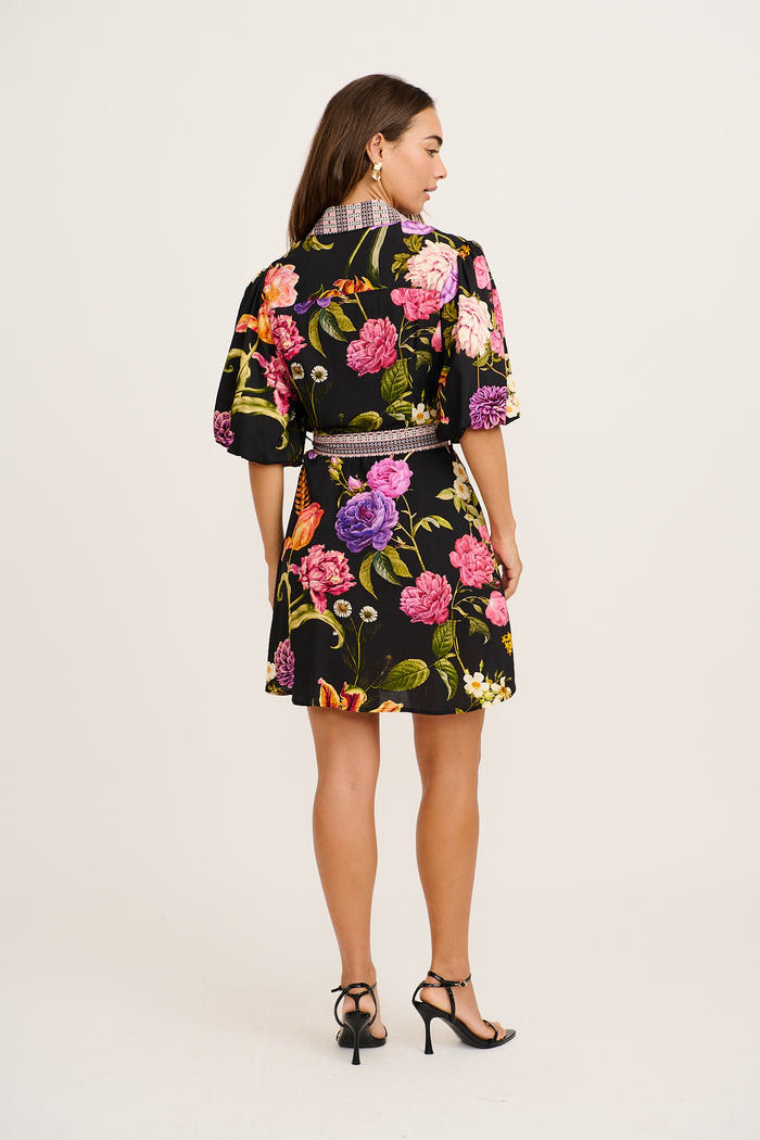 Dusk Soiree Shirt Dress in Black with Multi Floral back