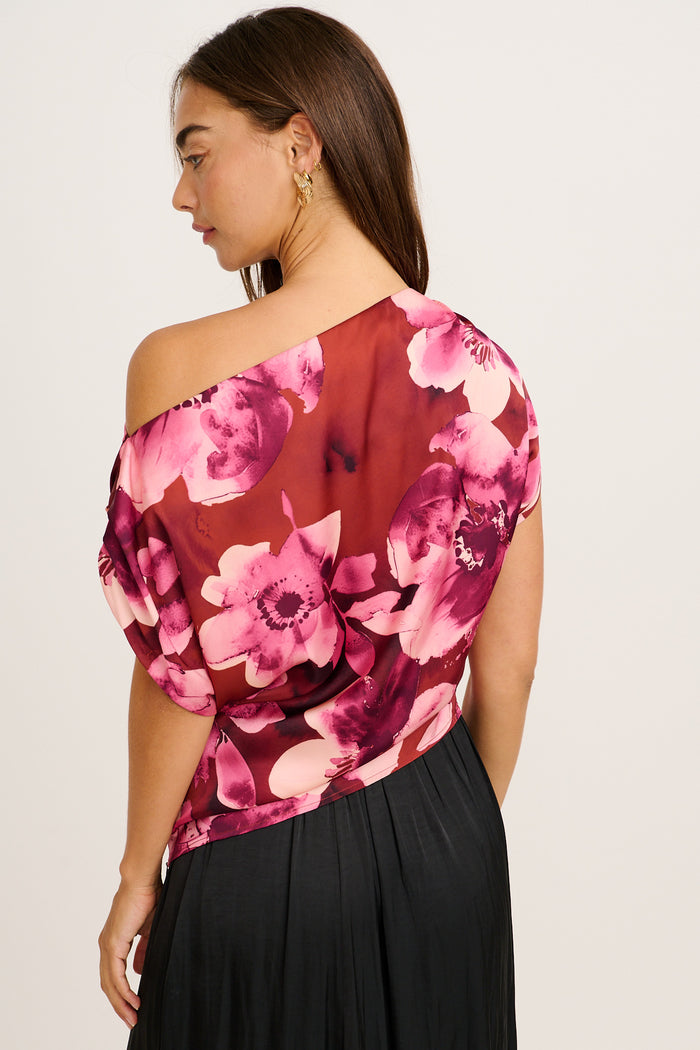 Island Aura Off Shoulder Top in Wine with Blush Floral Satin back