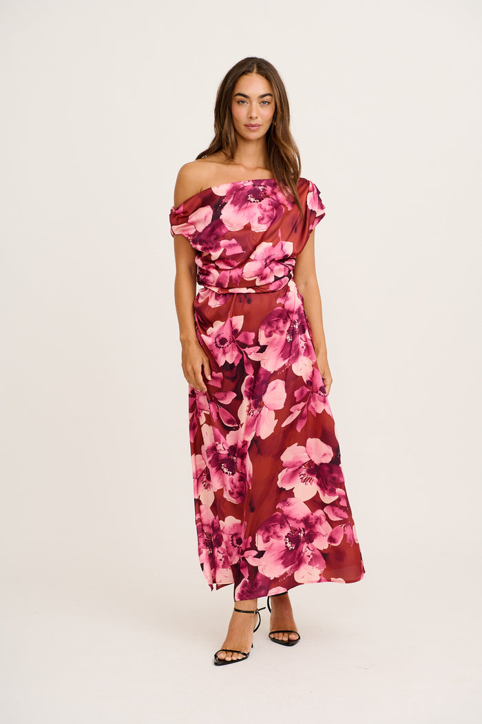 Luvella Maxi Off Shoulder Dress in Wine with Blush Floral Satin full length