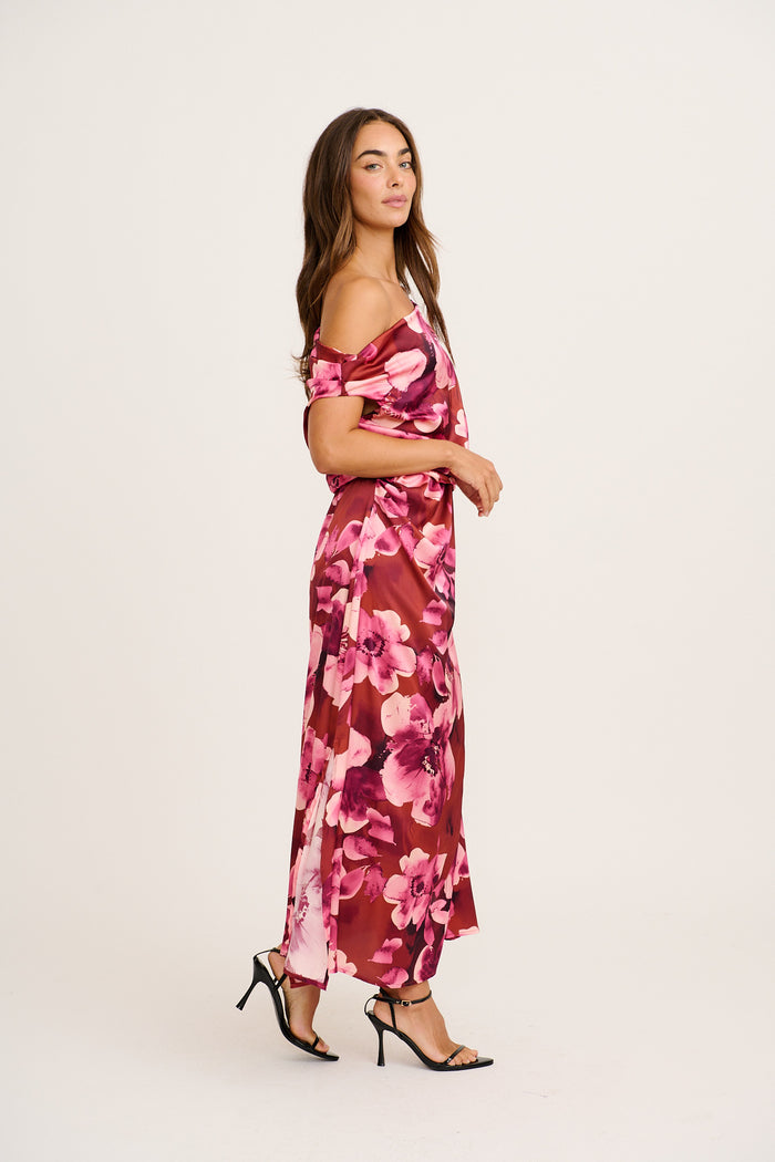 Luvella Maxi Off Shoulder Dress in Wine with Blush Floral Satin side