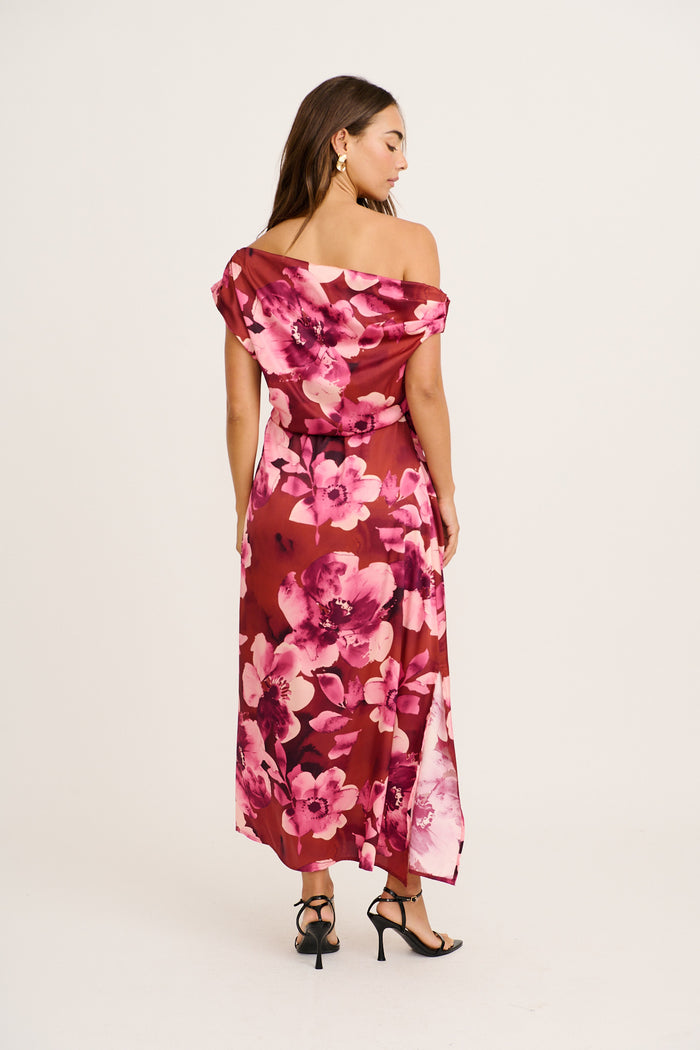 Luvella Maxi Off Shoulder Dress in Wine with Blush Floral Satin back