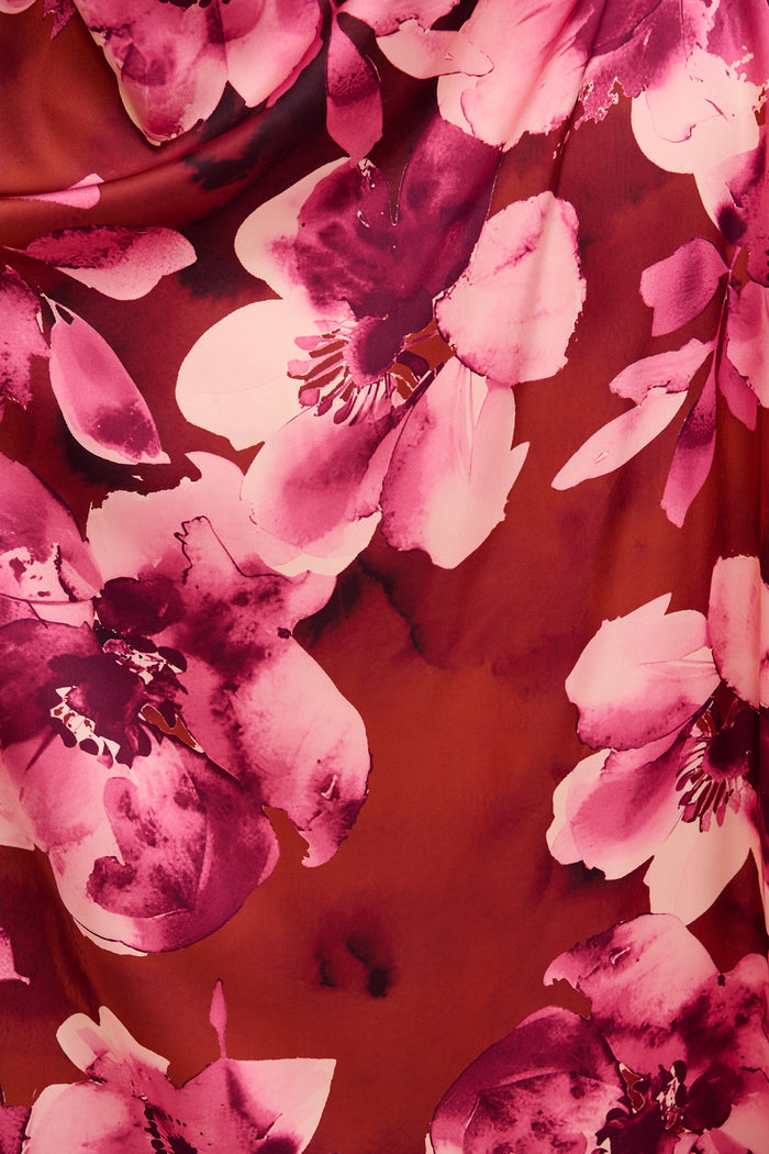 Luvella Maxi Off Shoulder Dress in Wine with Blush Floral Satin fabric