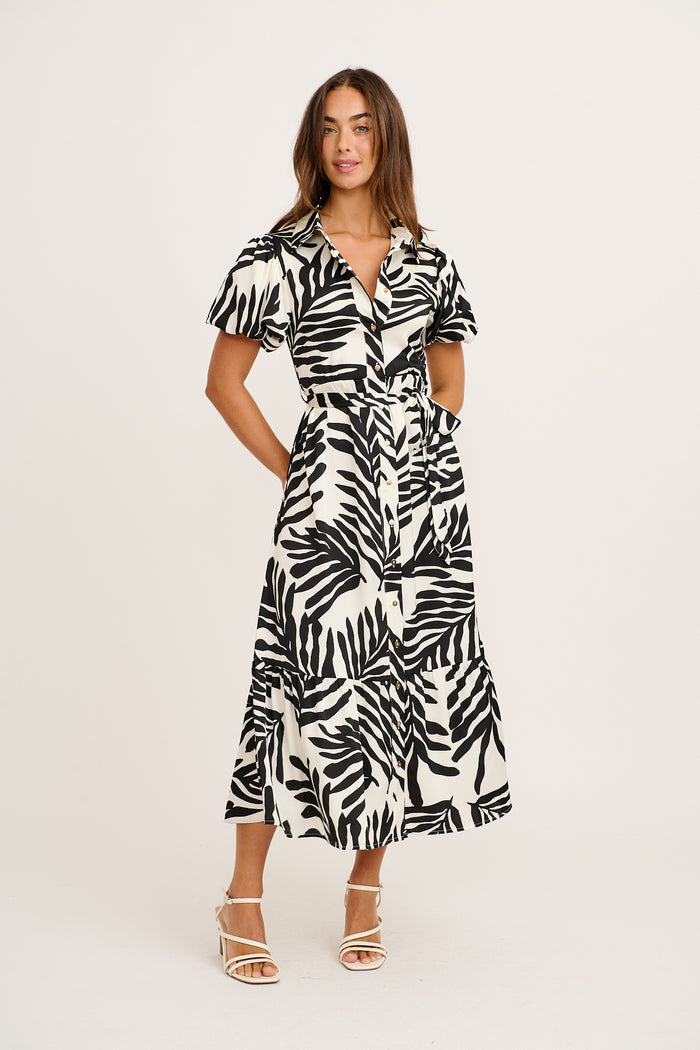 Stylish World Maxi Shirt Dress in Black and White Satin full length