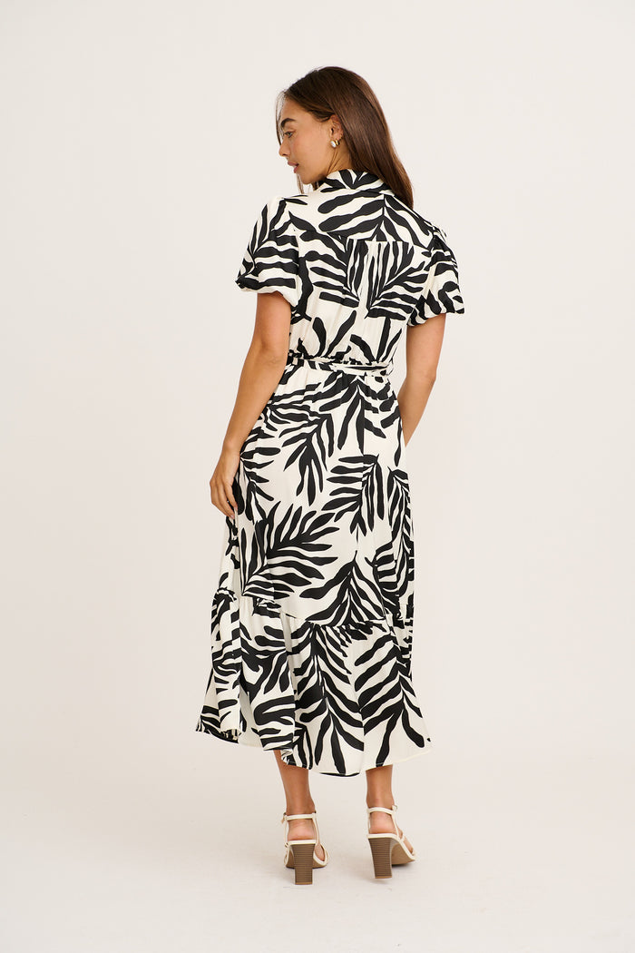Stylish World Maxi Shirt Dress in Black and White Satin back