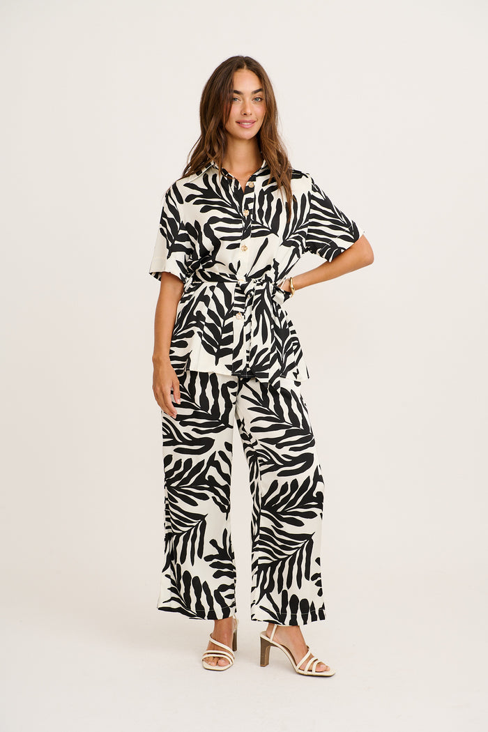 Pretty View Shirt in Black and White Satin full length