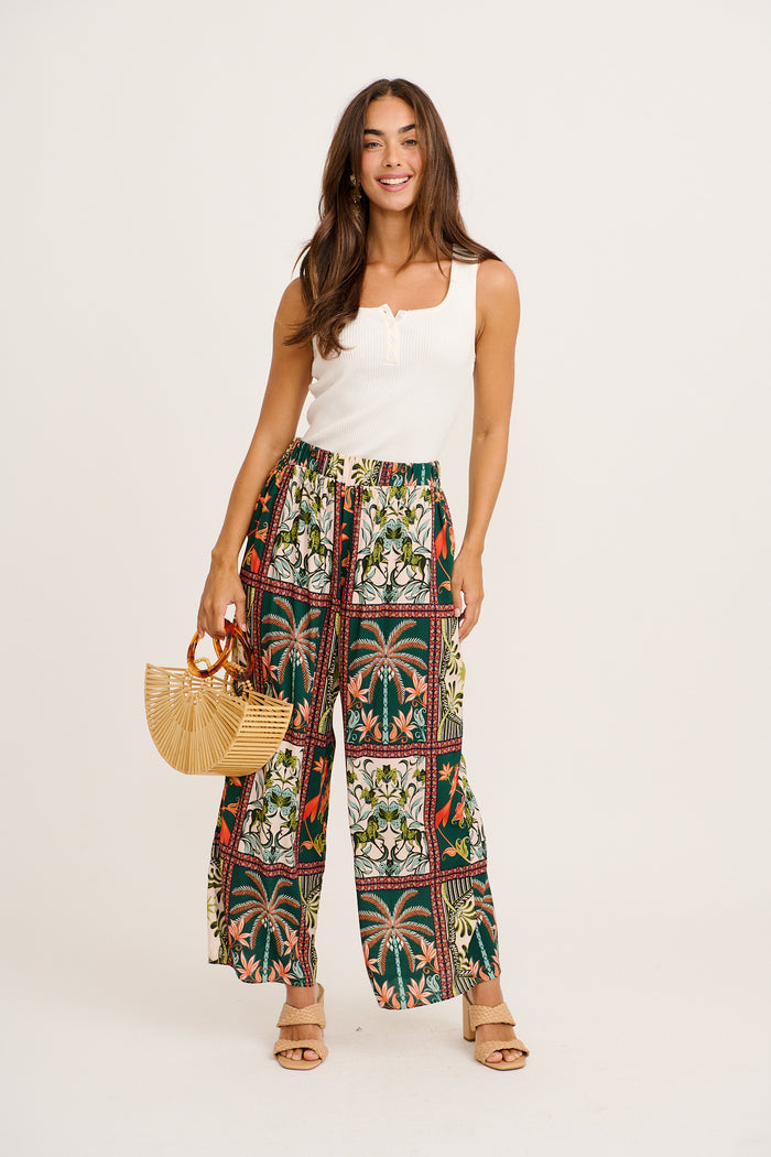 Riviera Whisper Pant in Green Tile Print full length