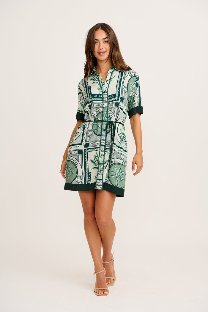 Underestimated Shirt Dress in Green Tiles Print full length