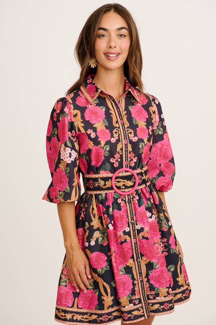 Moonlit Desire Shirt Dress in Black with Pink Floral Linen Blend front