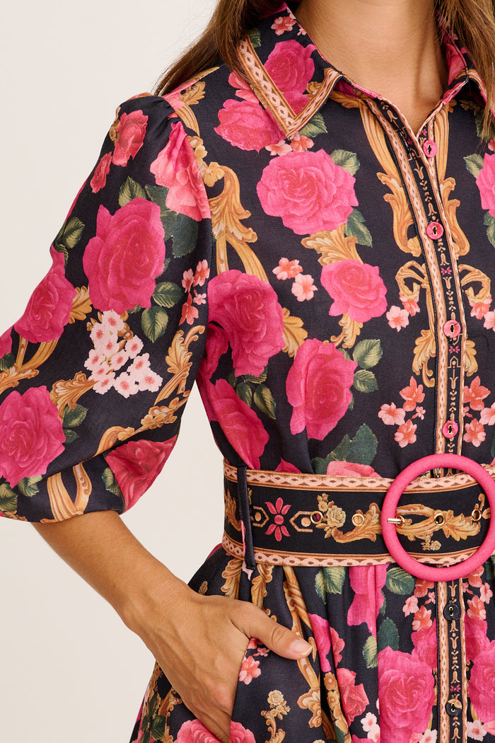Moonlit Desire Shirt Dress in Black with Pink Floral Linen Blend detail