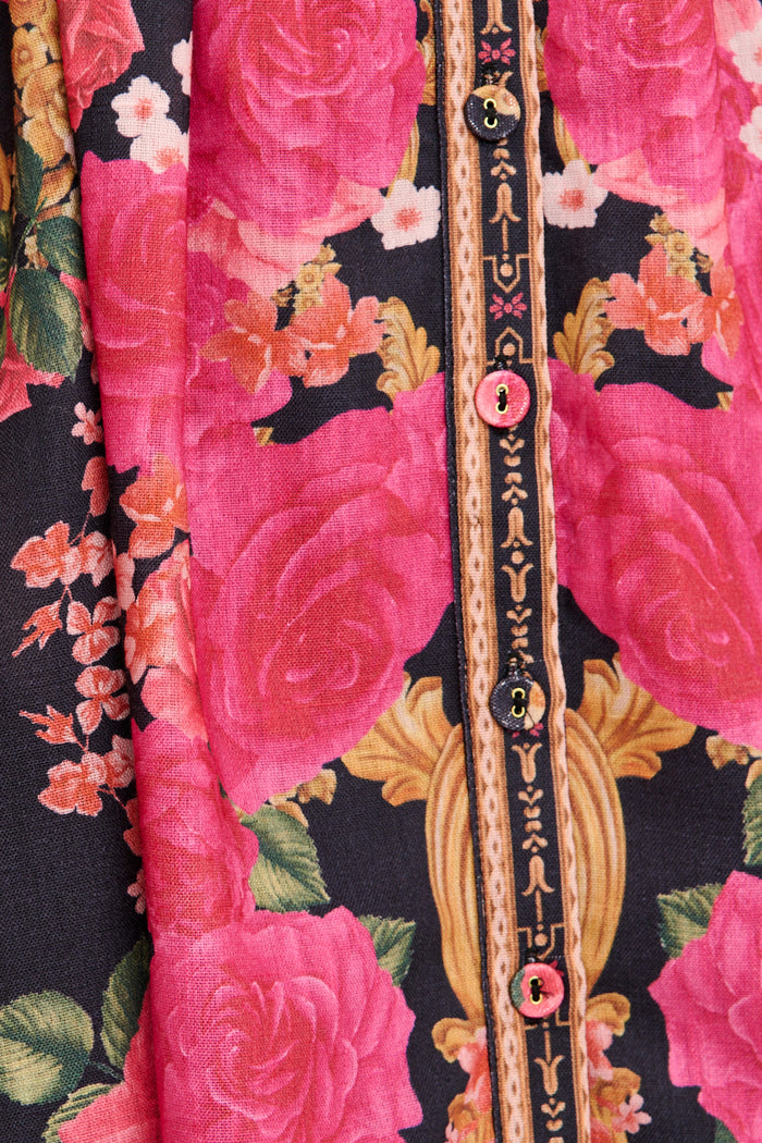 Moonlit Desire Shirt Dress in Black with Pink Floral Linen Blend fabric
