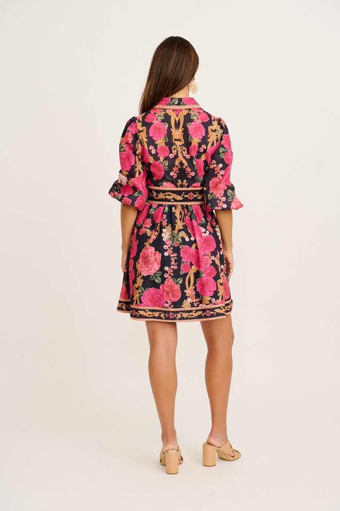 Moonlit Desire Shirt Dress in Black with Pink Floral Linen Blend back