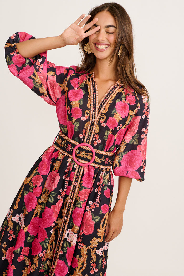 Midnight Blooms Maxi Dress in Black with Pink Floral Linen Blend front