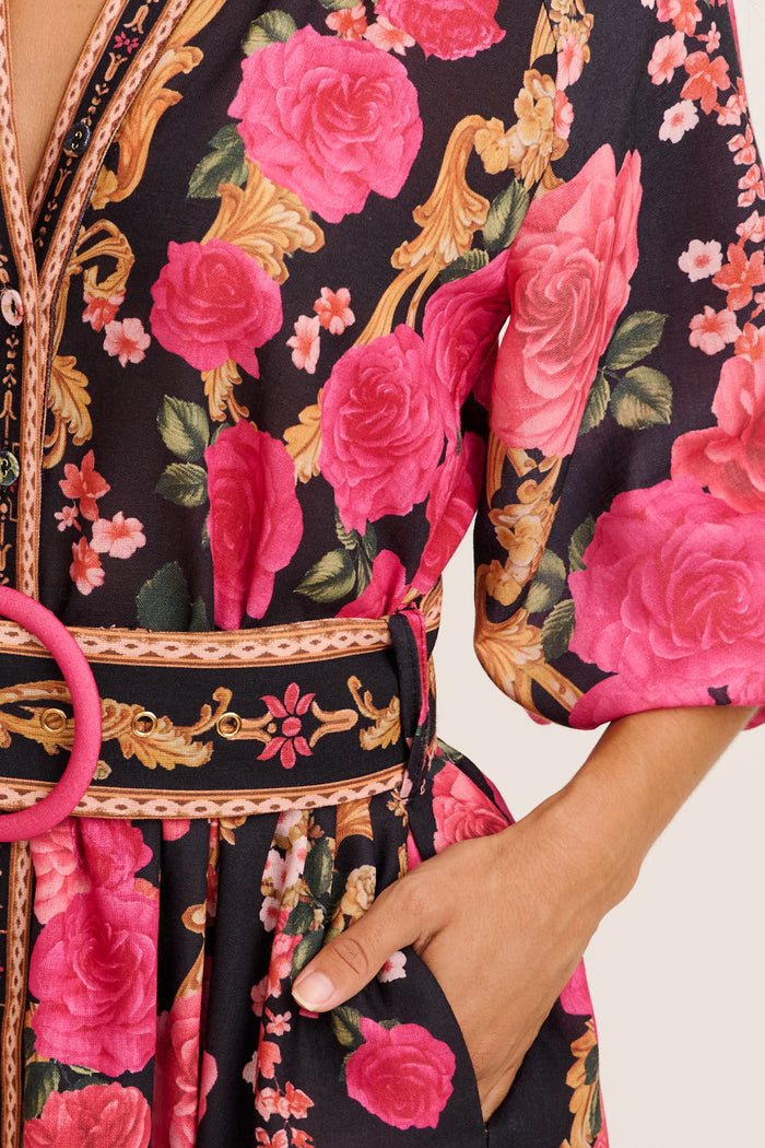 Midnight Blooms Maxi Dress in Black with Pink Floral Linen Blend detail
