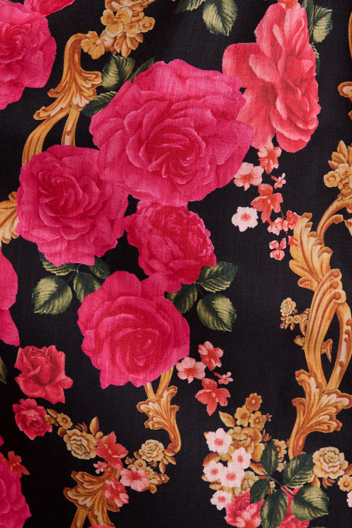 Midnight Blooms Maxi Dress in Black with Pink Floral Linen Blend fabric