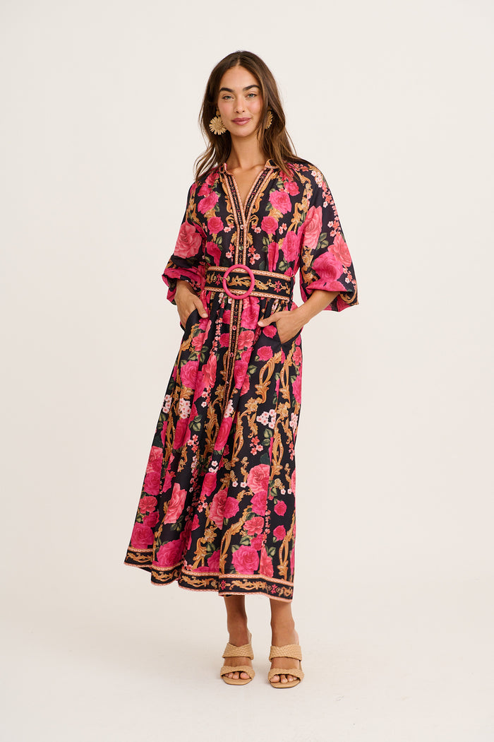 Midnight Blooms Maxi Dress in Black with Pink Floral Linen Blend full length