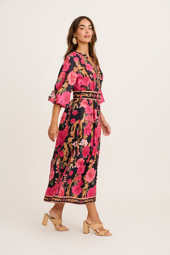 Midnight Blooms Maxi Dress in Black with Pink Floral Linen Blend side