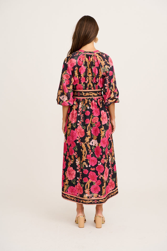 Midnight Blooms Maxi Dress in Black with Pink Floral Linen Blend back