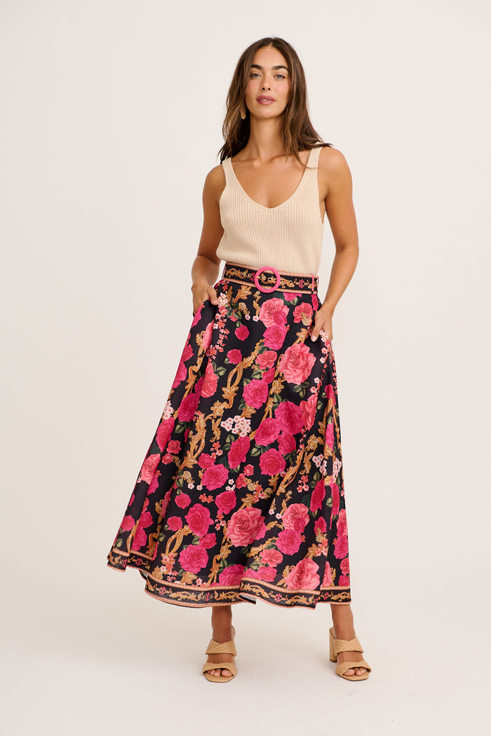 Wild Blossom Maxi Skirt in Black with Pink Floral Linen Blend full length