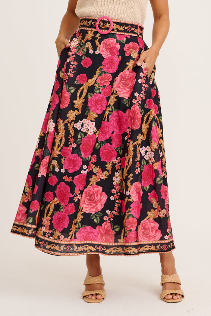Wild Blossom Maxi Skirt in Black with Pink Floral Linen Blend front