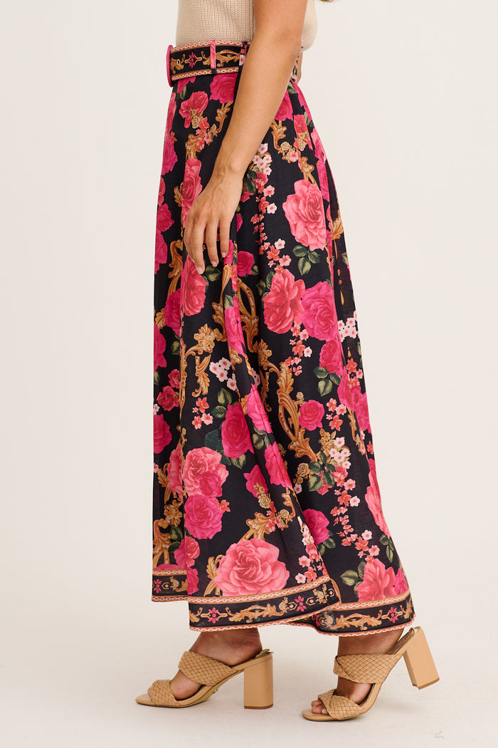 Wild Blossom Maxi Skirt in Black with Pink Floral Linen Blend side