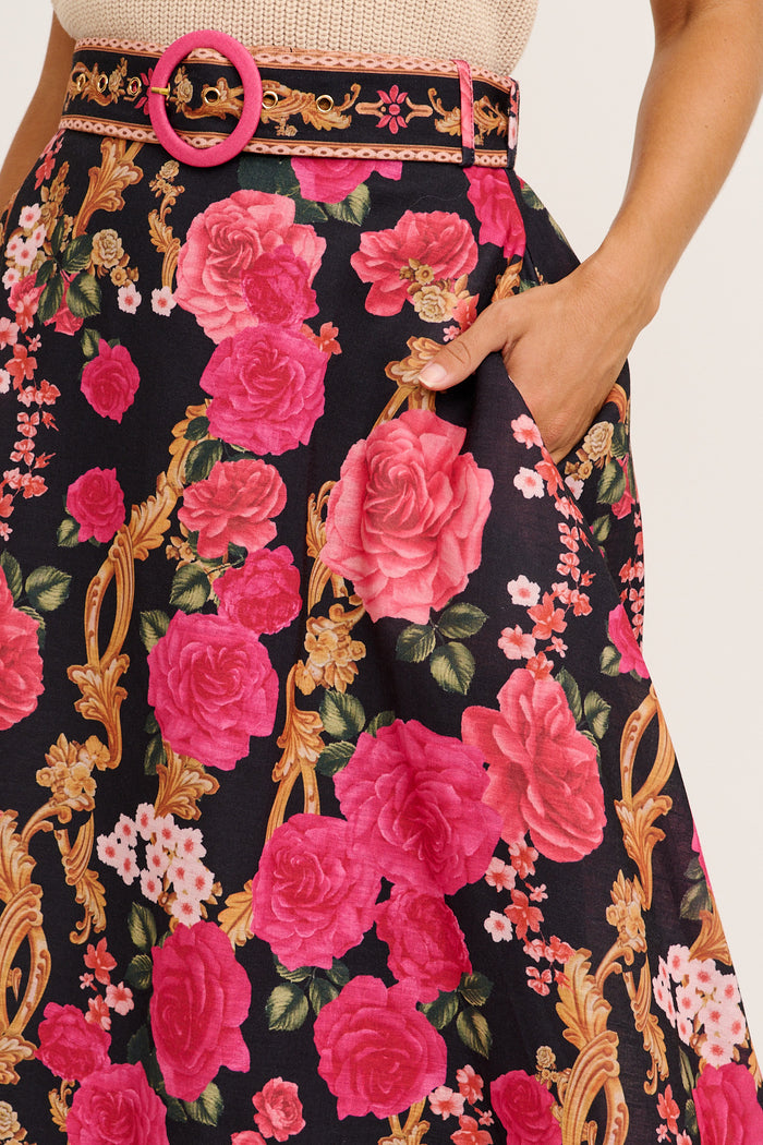 Wild Blossom Maxi Skirt in Black with Pink Floral Linen Blend detail