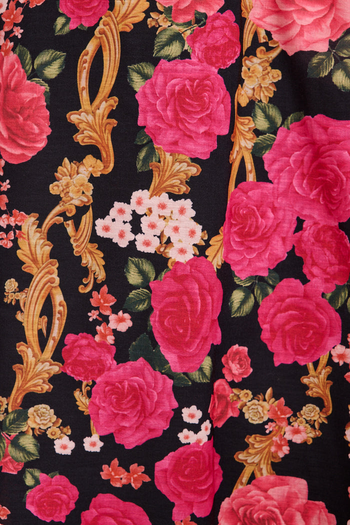 Wild Blossom Maxi Skirt in Black with Pink Floral Linen Blend fabric