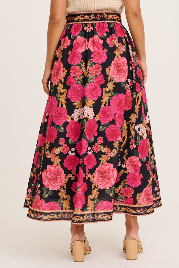 Wild Blossom Maxi Skirt in Black with Pink Floral Linen Blend back