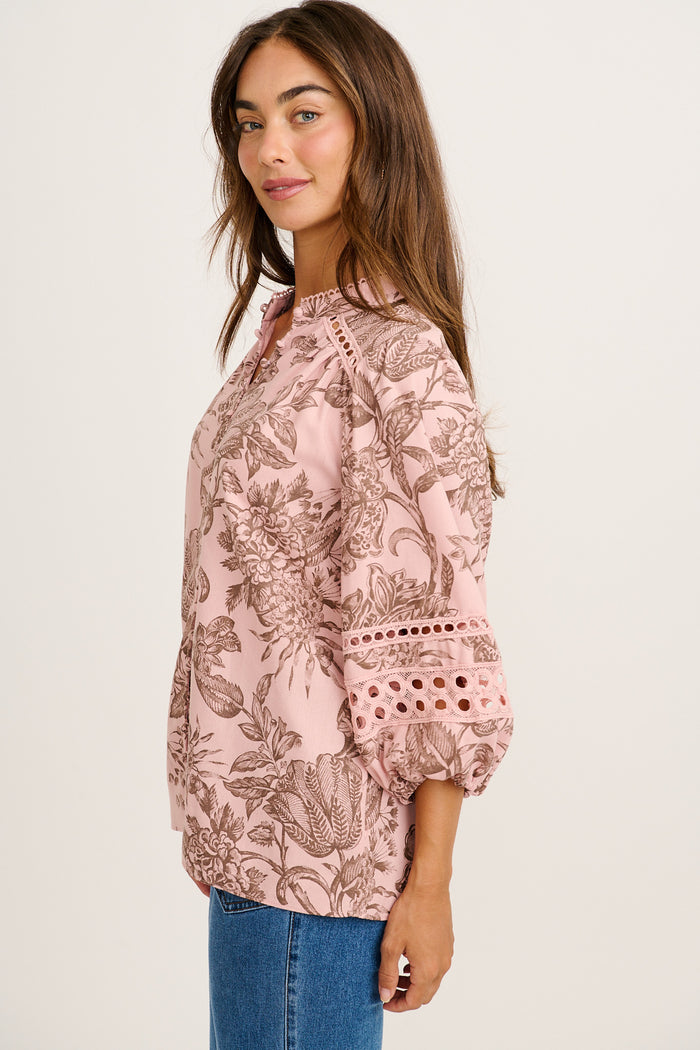 Cascades Top in Pink with Brown Leaf Cotton Linen side