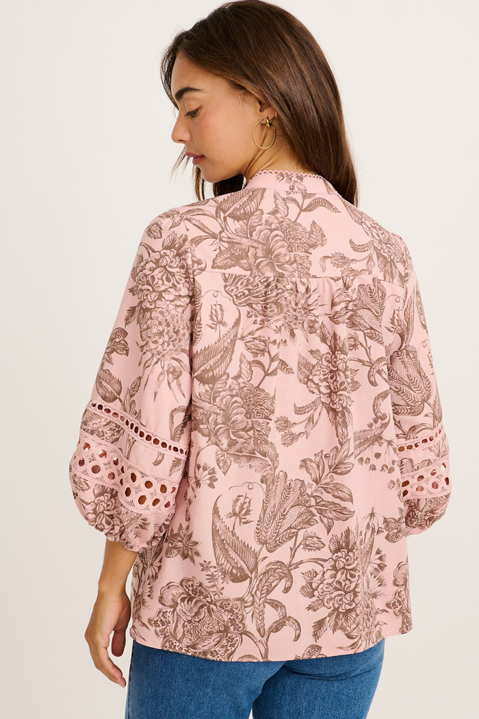 Cascades Top in Pink with Brown Leaf Cotton Linen back