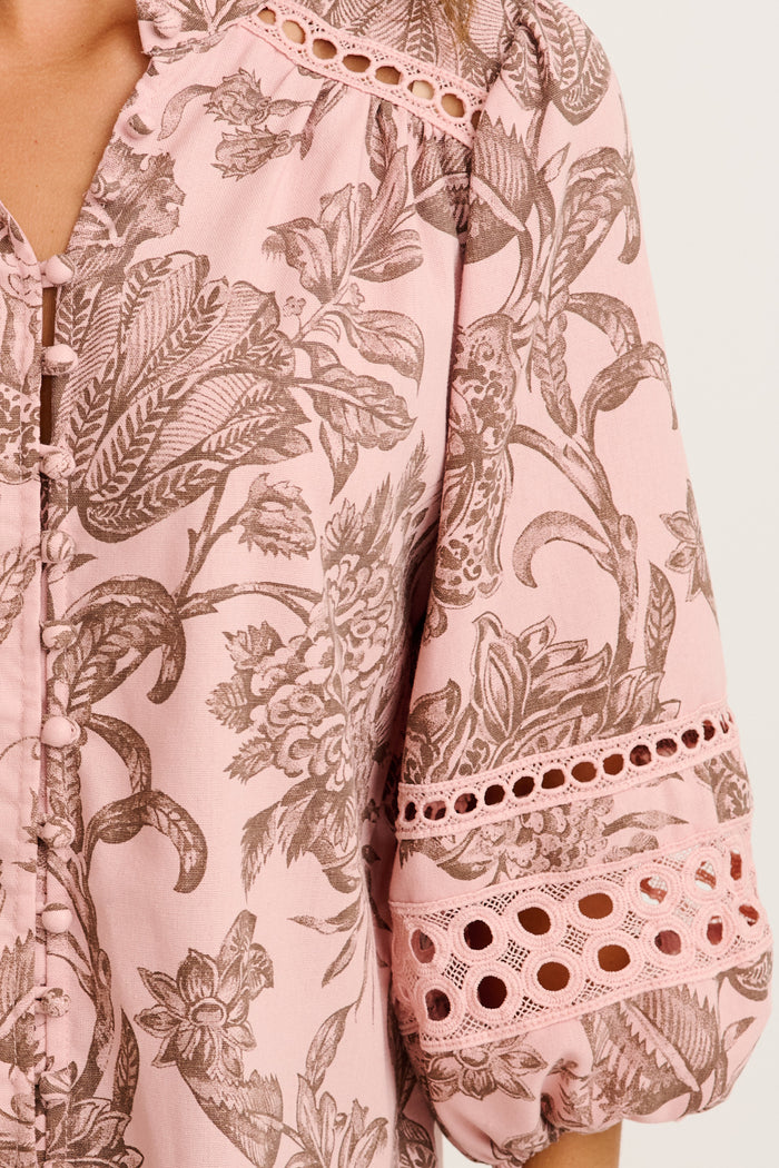 Cascades Top in Pink with Brown Leaf Cotton Linen detail
