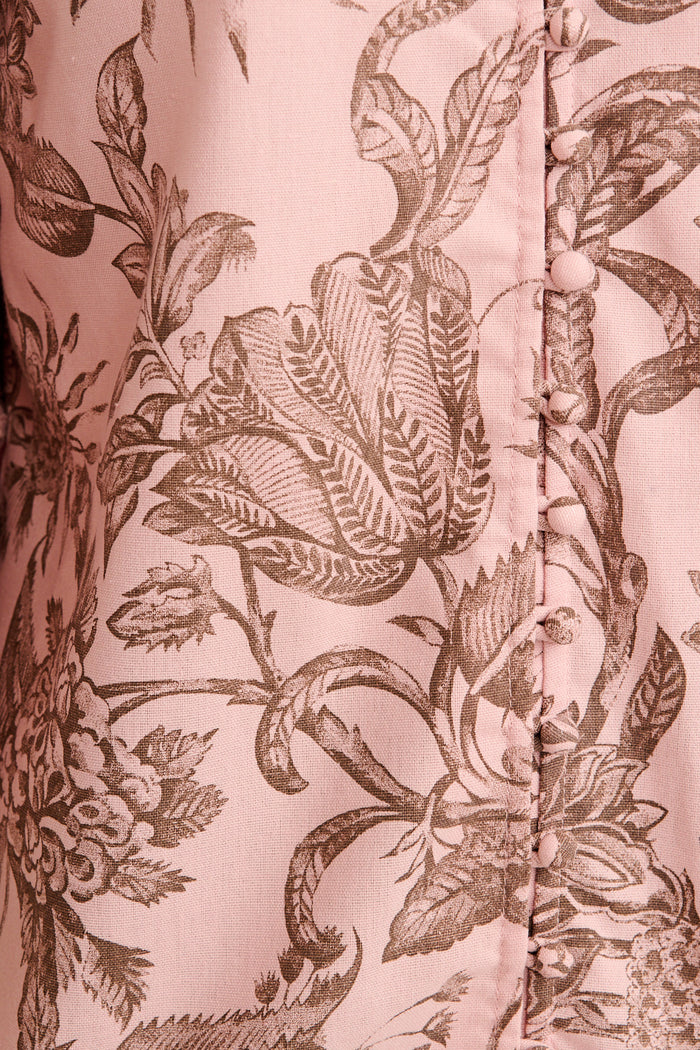 Cascades Top in Pink with Brown Leaf Cotton Linen fabric