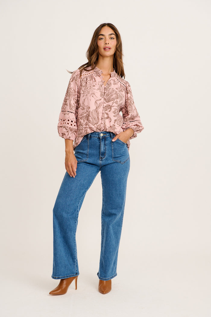 Cascades Top in Pink with Brown Leaf Cotton Linen full length