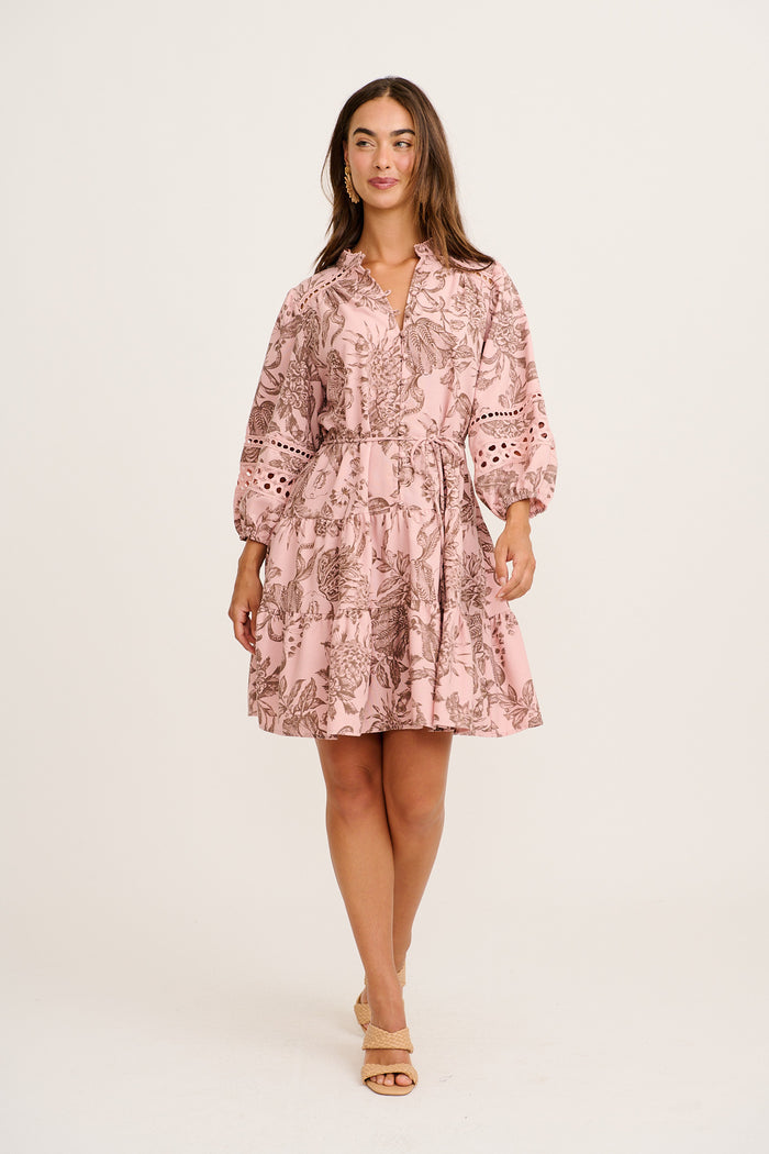 Daze Dress in Pink with Brown Leaf Cotton Linen full length