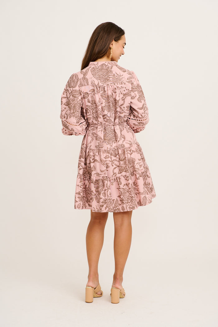 Daze Dress in Pink with Brown Leaf Cotton Linen back