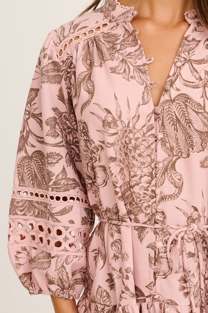 Daze Dress in Pink with Brown Leaf Cotton Linen detail