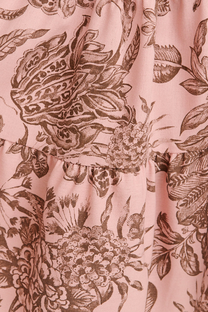 Daze Dress in Pink with Brown Leaf Cotton Linen fabric