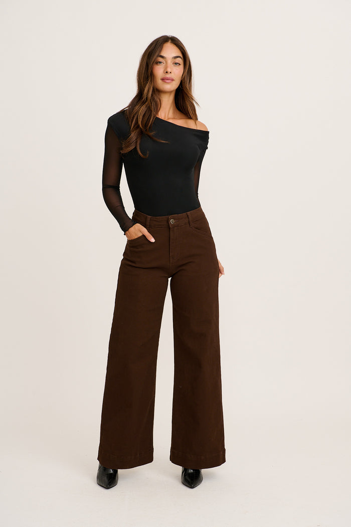 PRE ORDER Torin High Rise Wide Leg Jean in Chocolate Denim full length