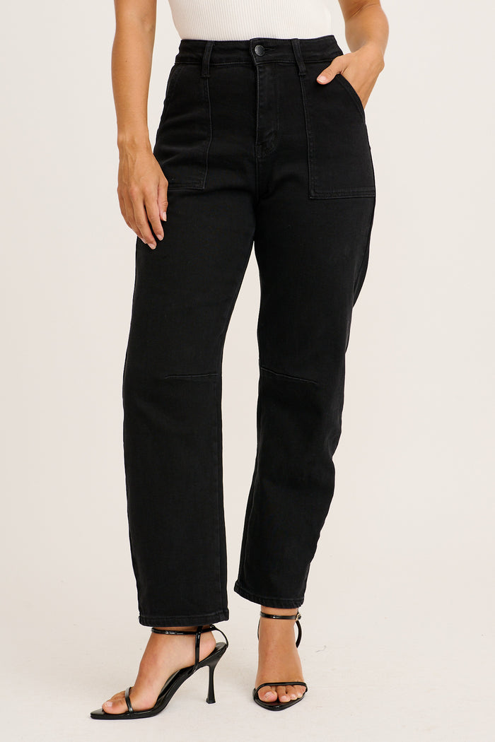 Evolution High Rise Barrel Leg Jean in Black Denim front
