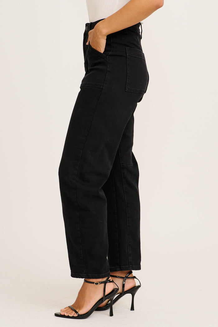 Evolution High Rise Barrel Leg Jean in Black Denim side