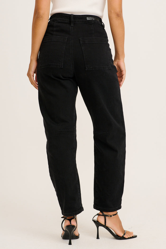 Evolution High Rise Barrel Leg Jean in Black Denim back