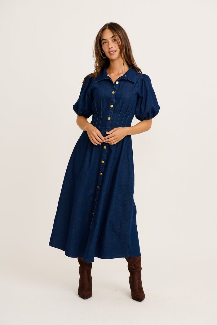 PRE ORDER Fine Form Midi Dress in Indigo Denim full length