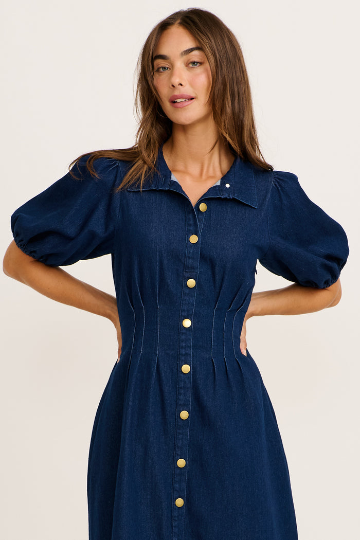 PRE ORDER Fine Form Midi Dress in Indigo Denim front
