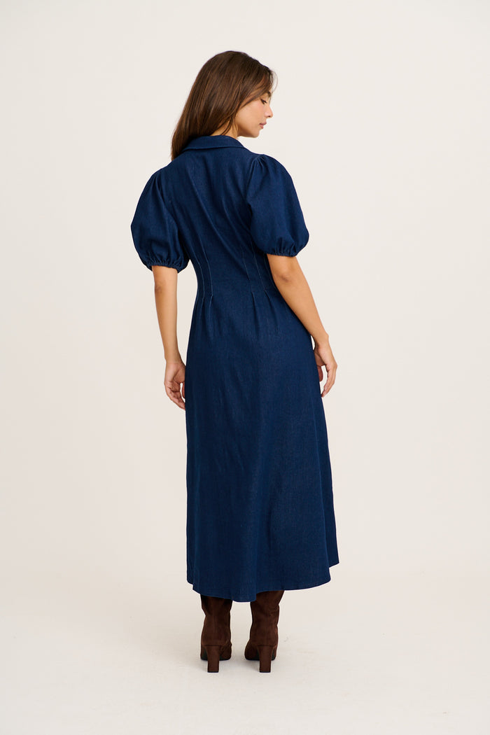 PRE ORDER Fine Form Midi Dress in Indigo Denim back
