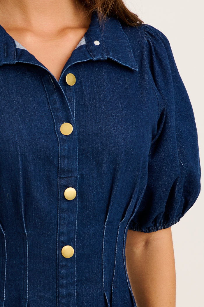 PRE ORDER Fine Form Midi Dress in Indigo Denim detail