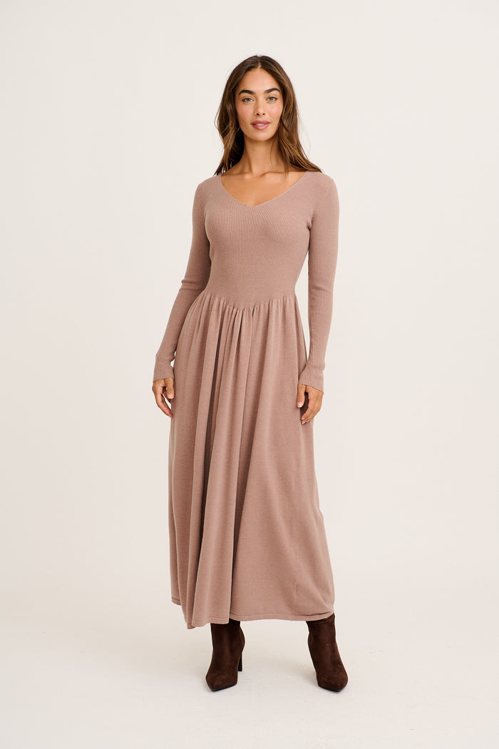 Dove Midi Knit Dress in Taupe full length