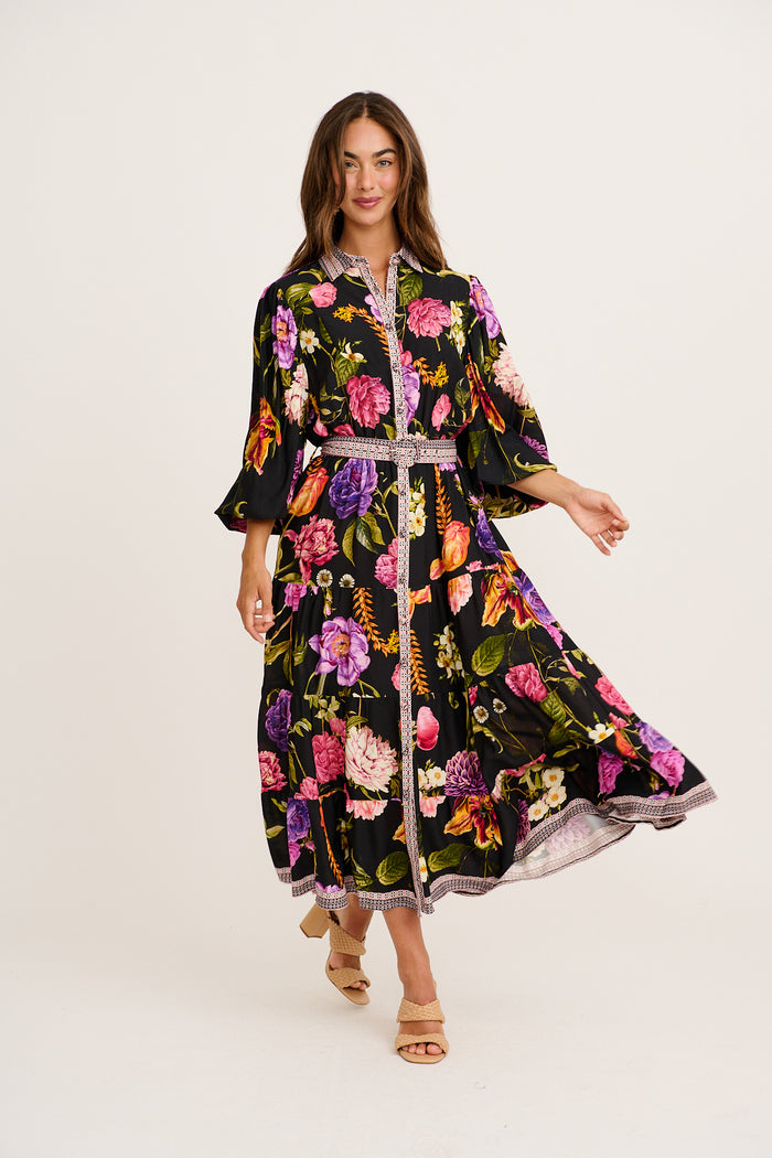 Evening Serenade Maxi Dress in Black with Multi Floral full length