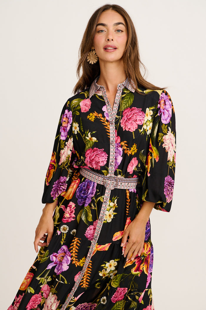 Evening Serenade Maxi Dress in Black with Multi Floral front