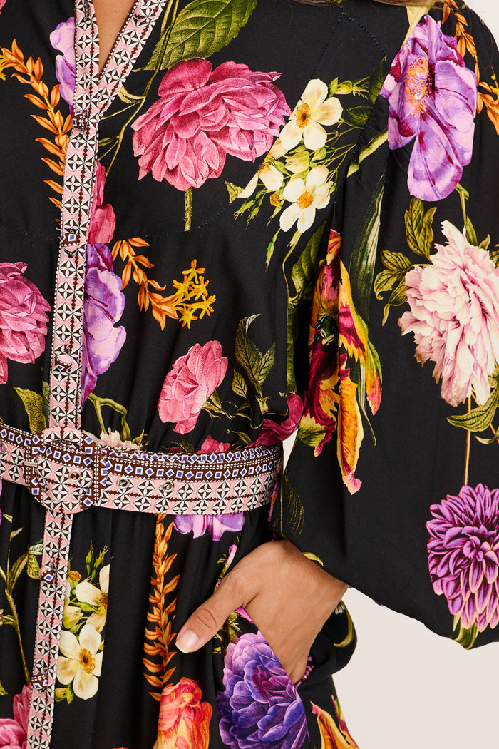 Evening Serenade Maxi Dress in Black with Multi Floral detail